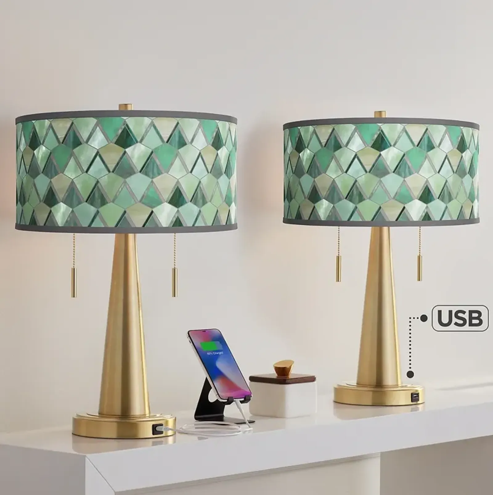 Misty Morning Vicki Gold USB Table Lamps Set of 2