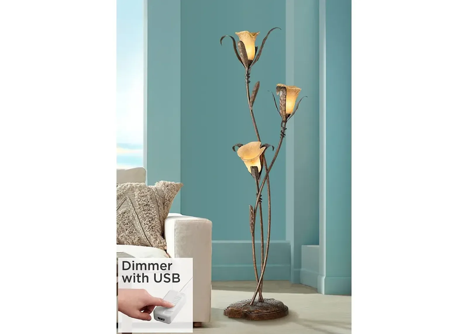 Franklin Iron Works Bronze Gold Intertwined Lilies Floor Lamp w/ USB Dimmer