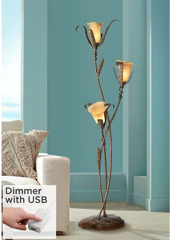 Franklin Iron Works Bronze Gold Intertwined Lilies Floor Lamp w/ USB Dimmer