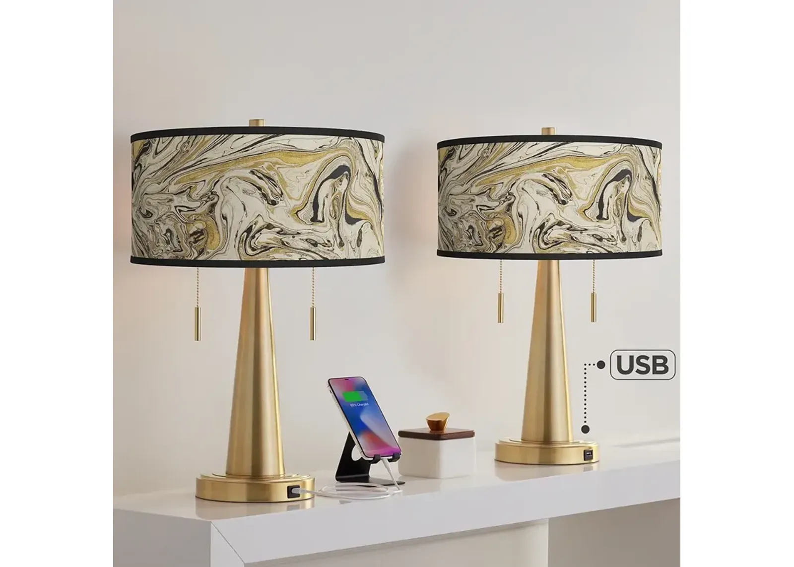 Venetian Marble Vicki Gold USB Table Lamps Set of 2