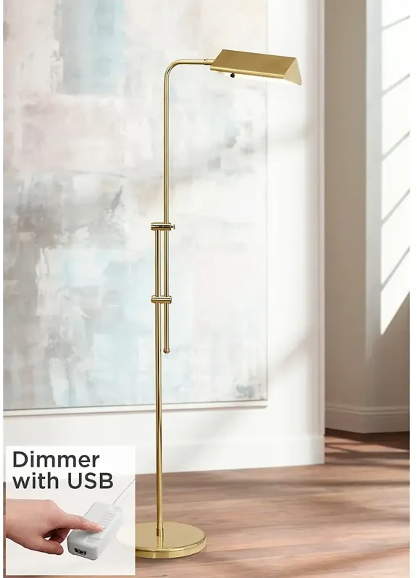 Regency Hill Tony Adjustable Brass Pharmacy Floor Lamp with USB Dimmer