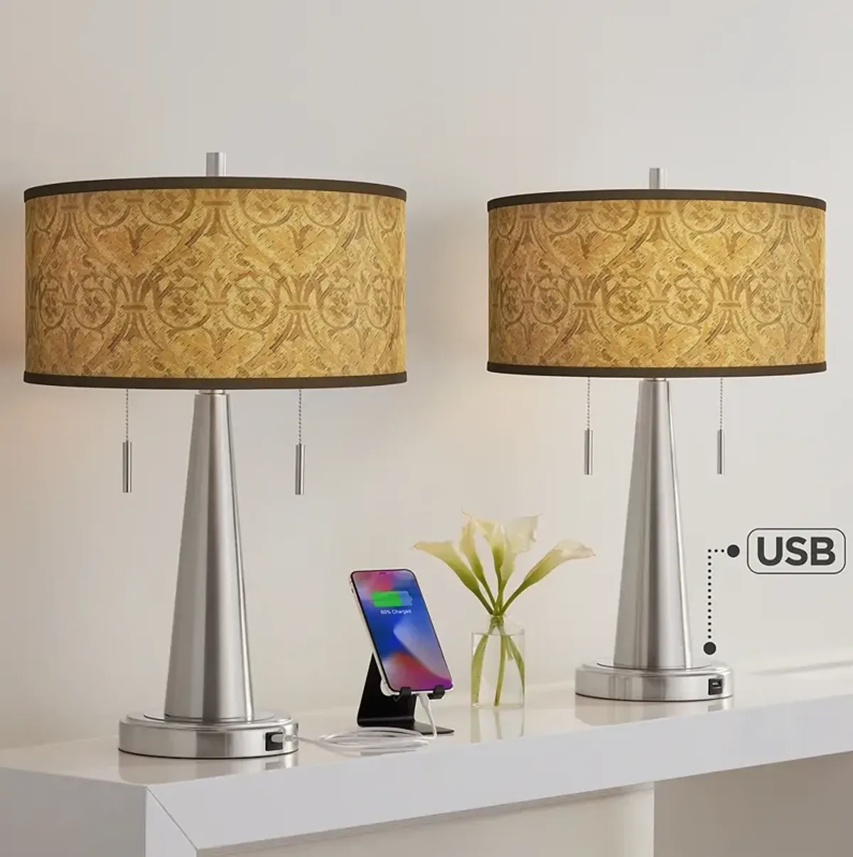 Giclee Glow Vicki 23" Golden Versailles Nickel USB Lamps Set of 2