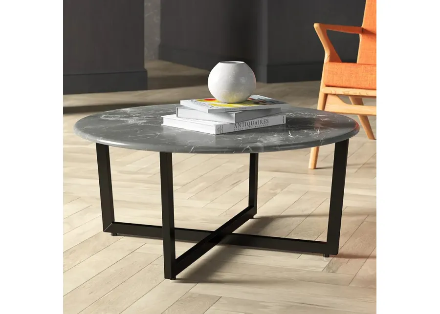 Llona 36" Wide Black Marble Steel Round Coffee Table