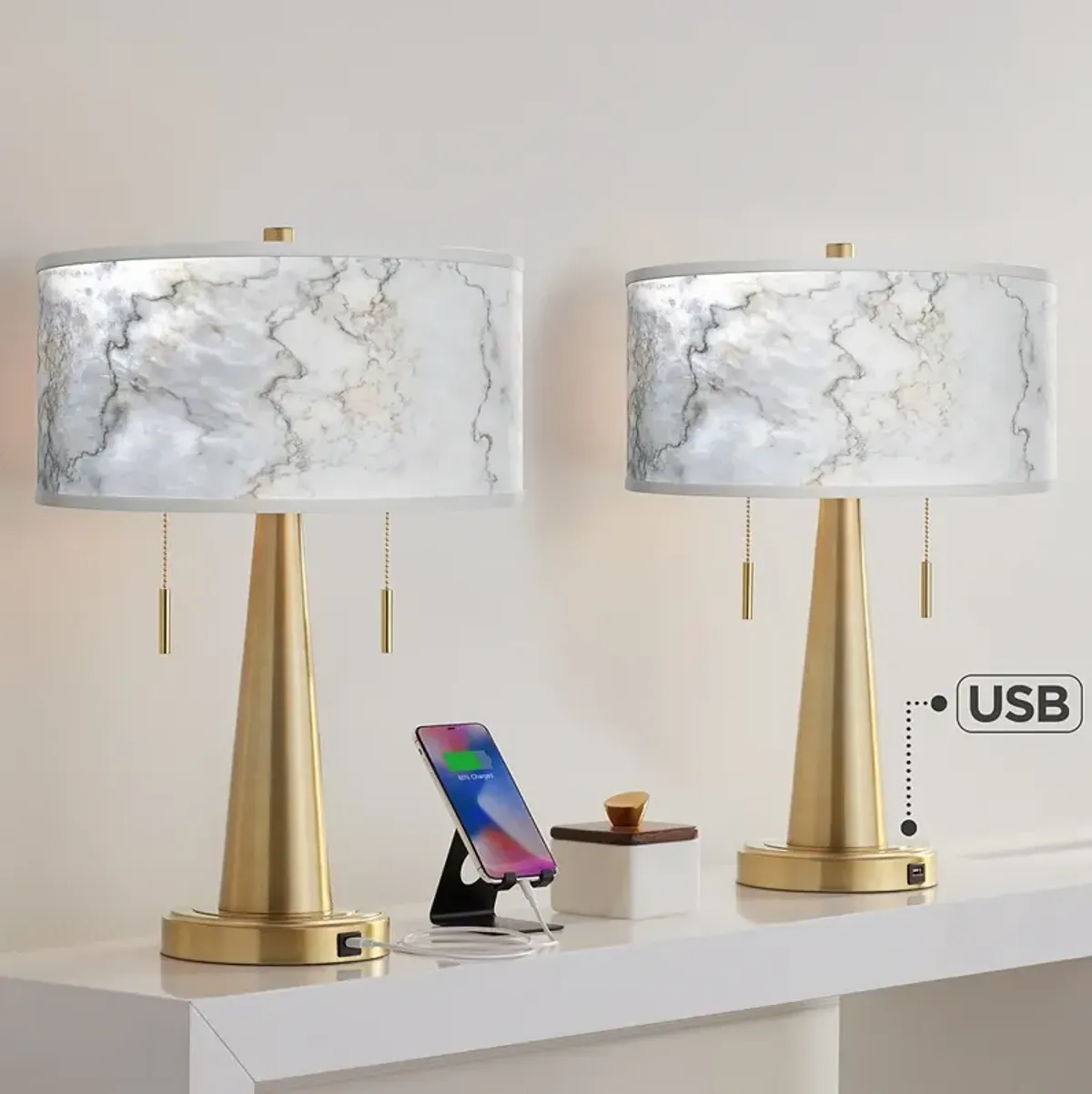 Marble Glow Vicki Gold USB Table Lamps Set of 2