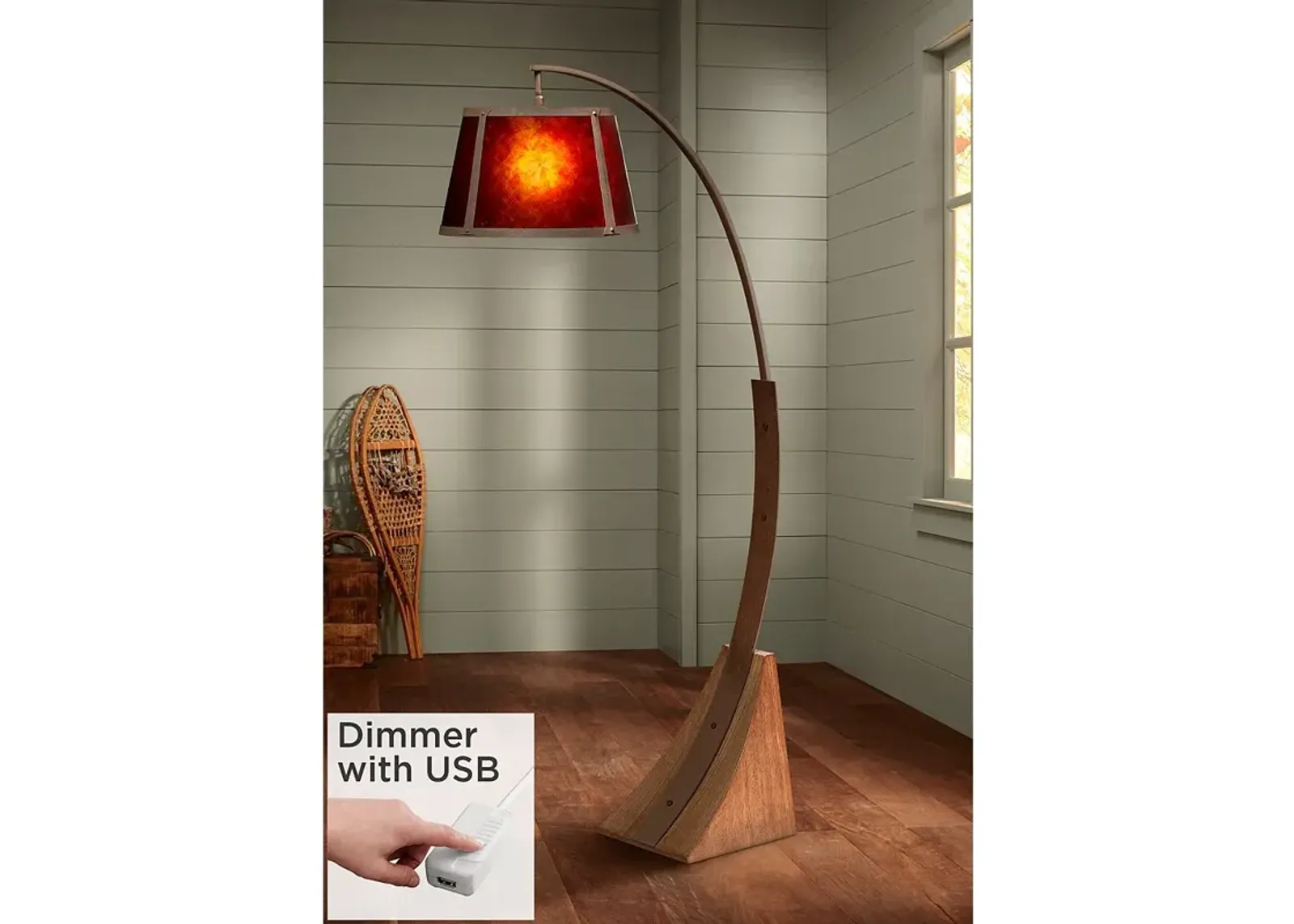 Oak River Dark Rust and Amber Mica Arc Floor Lamp with USB Dimmer