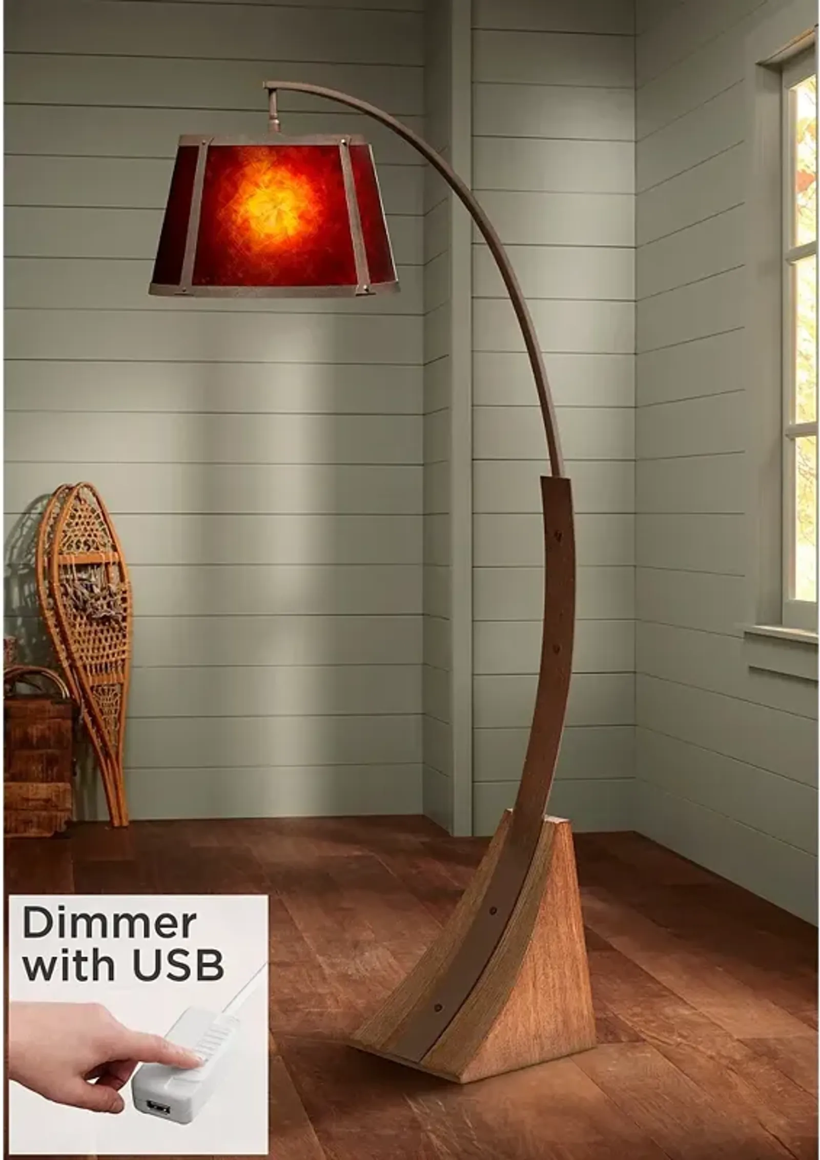 Oak River Dark Rust and Amber Mica Arc Floor Lamp with USB Dimmer