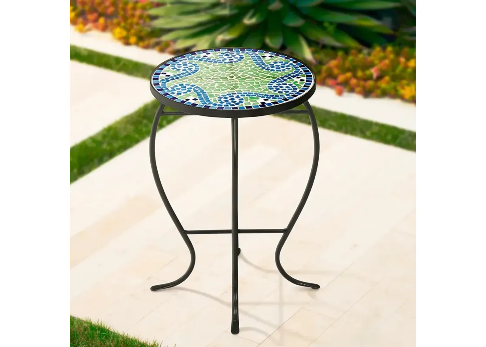 Ocean Wave Mosaic Black Iron Outdoor Accent Table