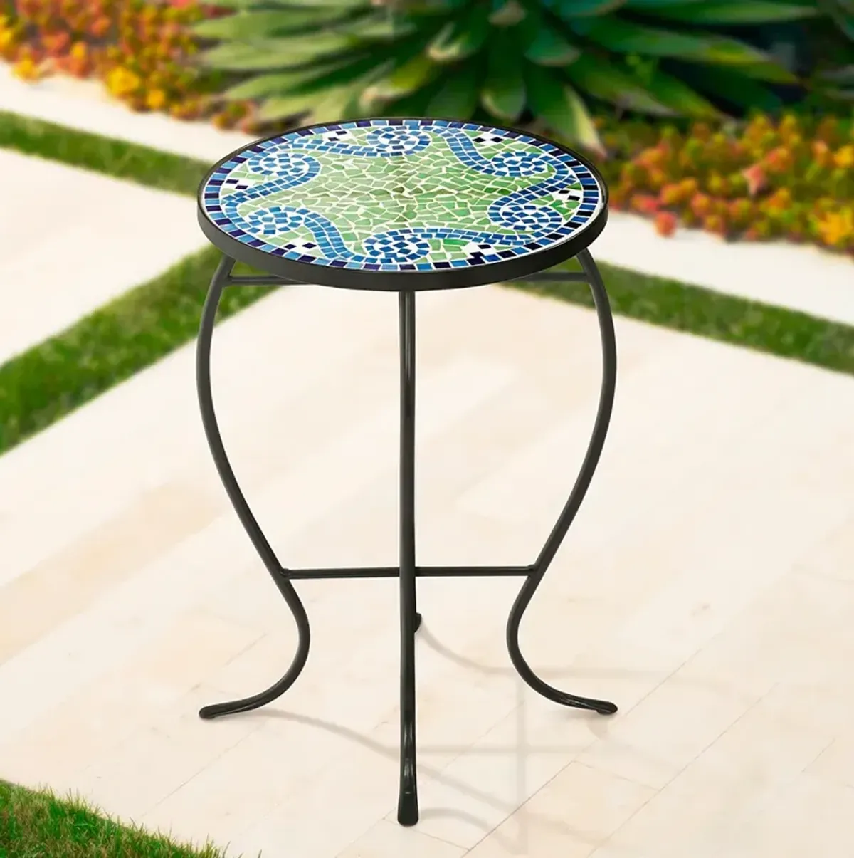 Ocean Wave Mosaic Black Iron Outdoor Accent Table