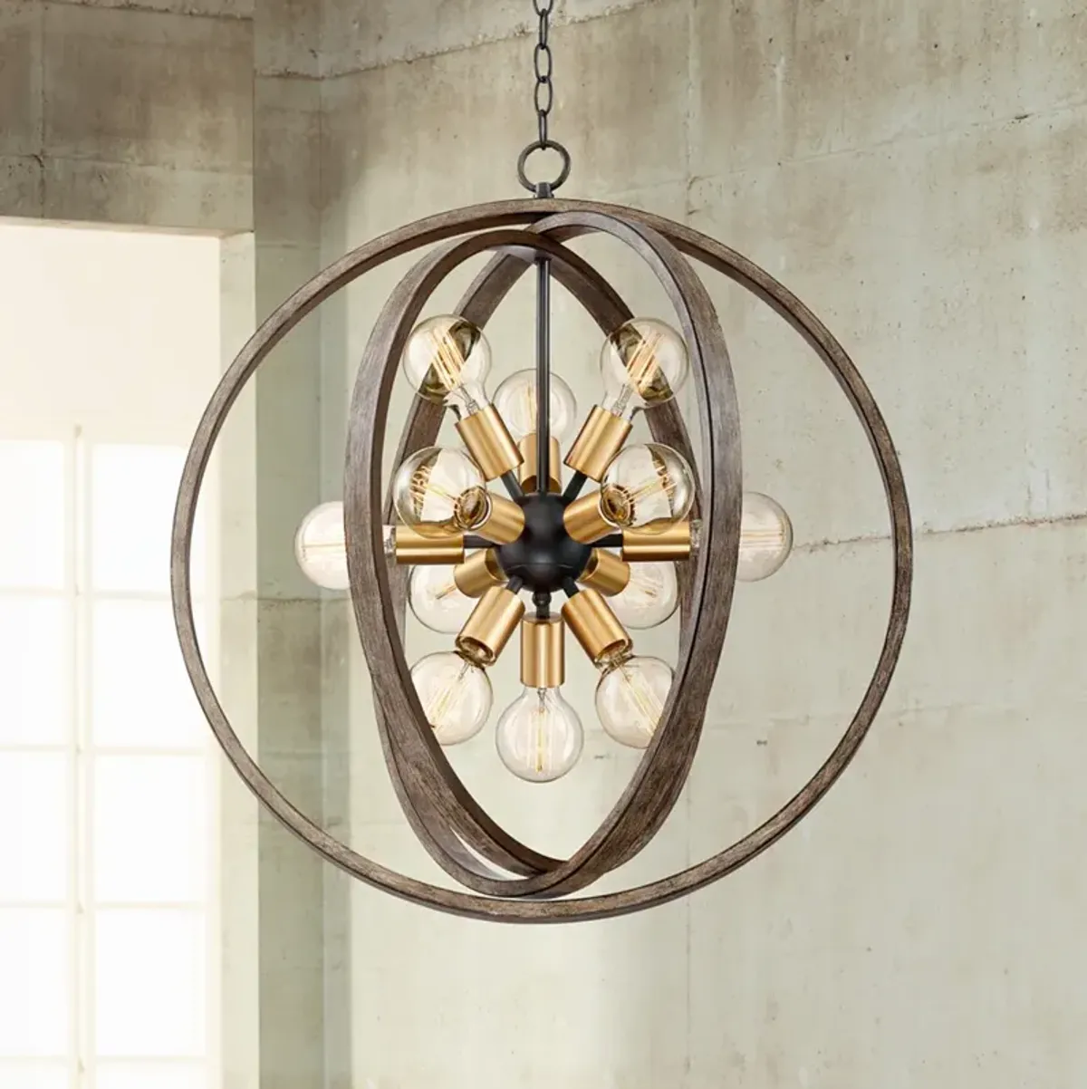 Possini Euro Stedman 25" 12-Light Gold and Wood Sputnik Orb Chandelier