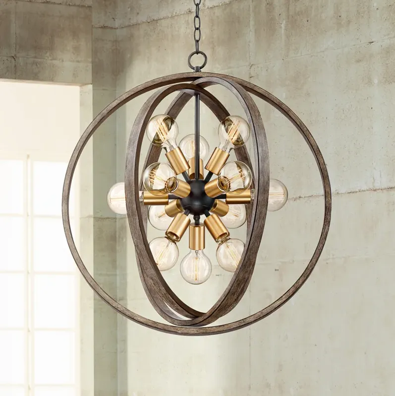 Possini Euro Stedman 25" 12-Light Gold and Wood Sputnik Orb Chandelier