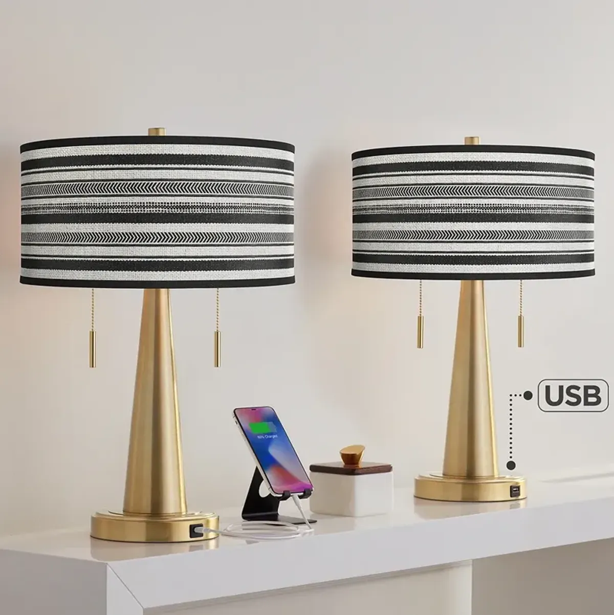 Stripes Noir Vicki Gold USB Table Lamps Set of 2