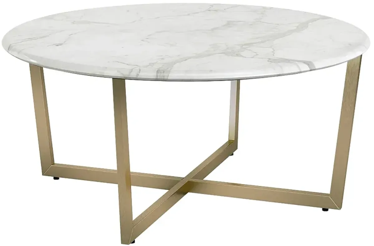 Llona 36"W White Marble Matte Gold Steel Round Coffee Table