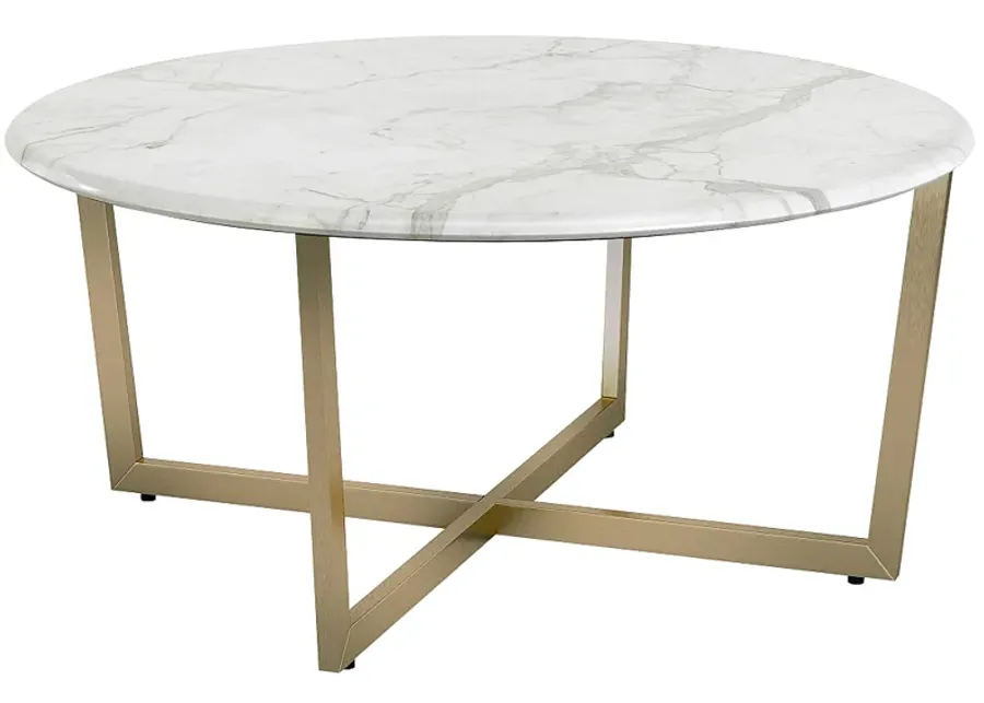 Llona 36"W White Marble Matte Gold Steel Round Coffee Table