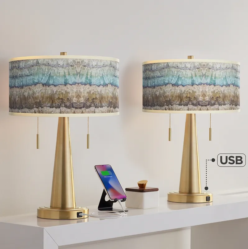 Marble Jewel Vicki Gold USB Table Lamps Set of 2