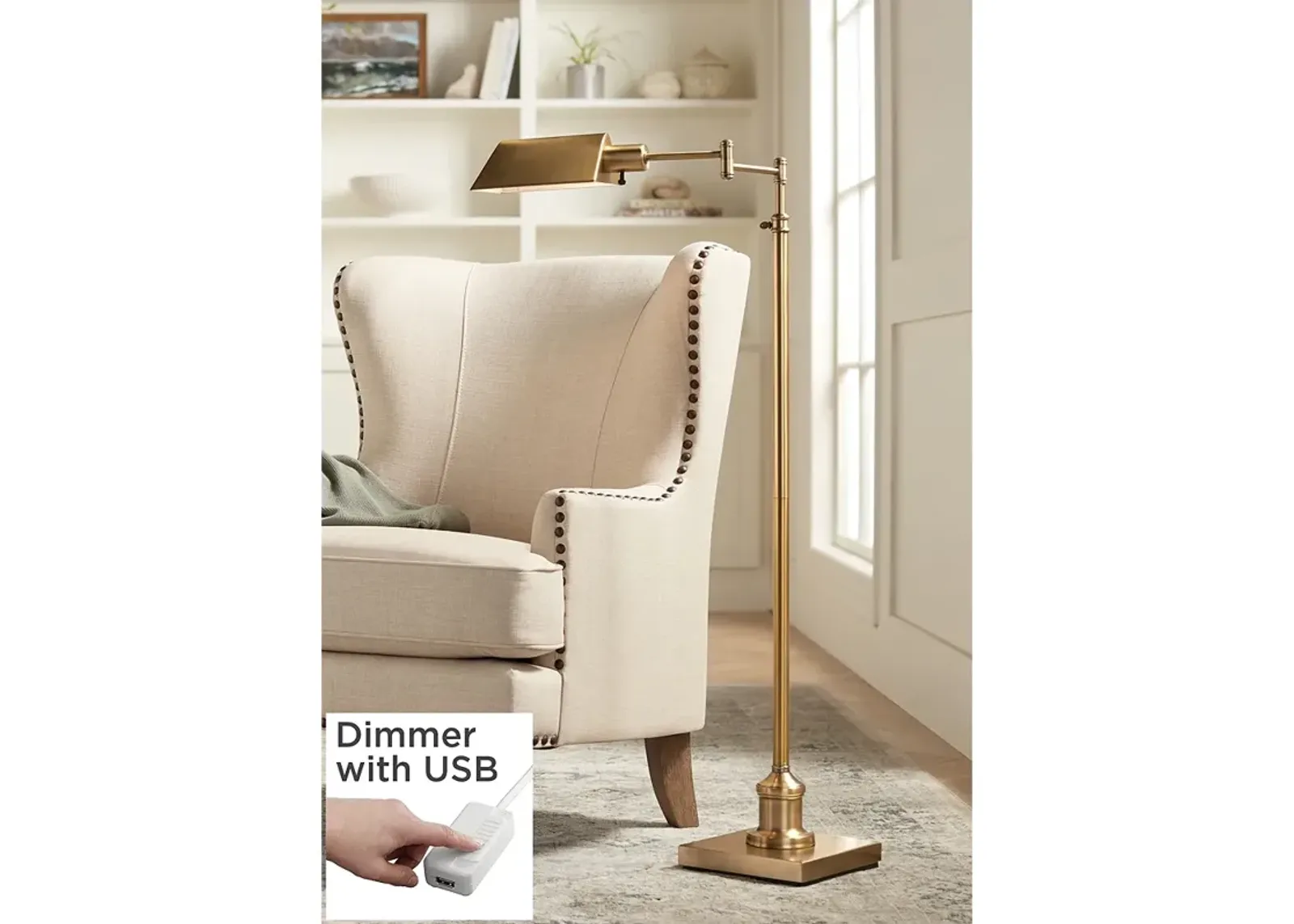 Jenson Aged Brass Adjustable Pharmacy Swing Arm Floor Lamp with USB Dimmer