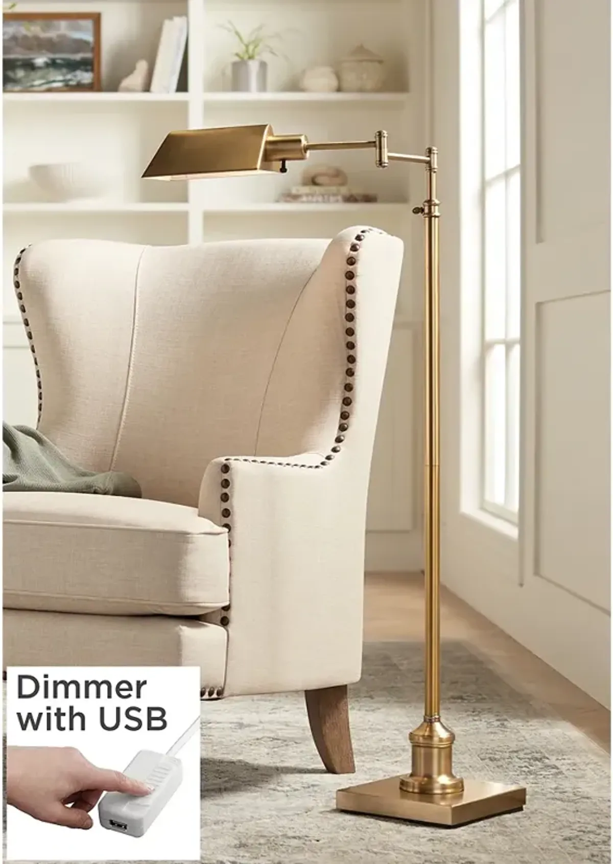 Jenson Aged Brass Adjustable Pharmacy Swing Arm Floor Lamp with USB Dimmer