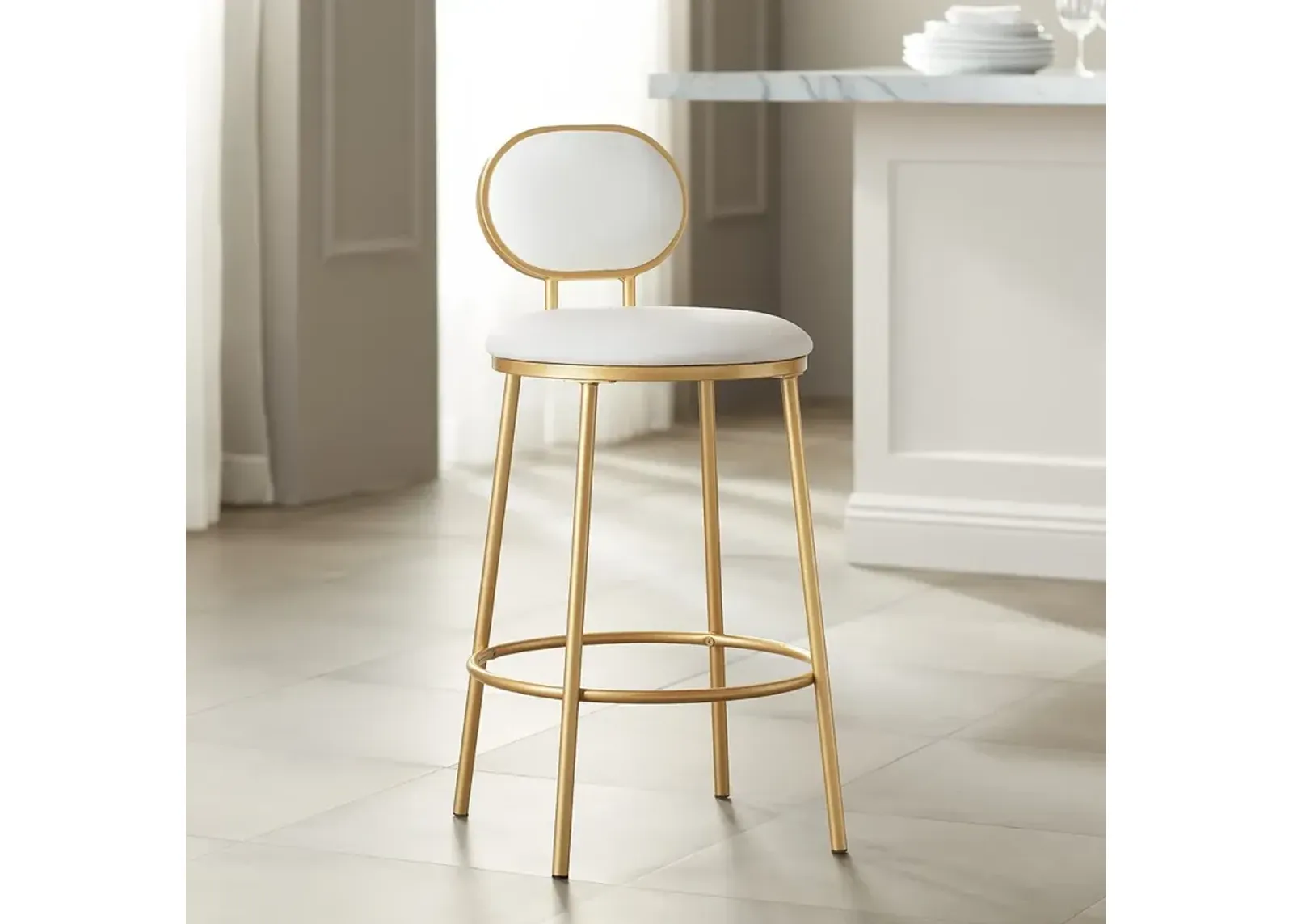 Amir Gold Metal and White Faux Leather Barstool