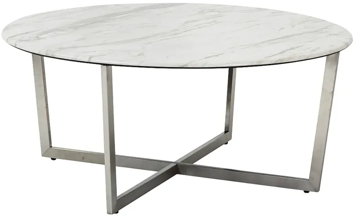 Llona 36" Wide White Marble Brushed Steel Round Coffee Table