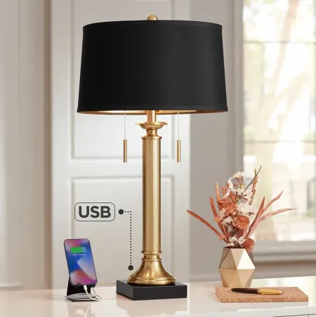 Possini Euro Wynne Warm Gold and Black 2-Light Desk Lamp with Dual USB Port