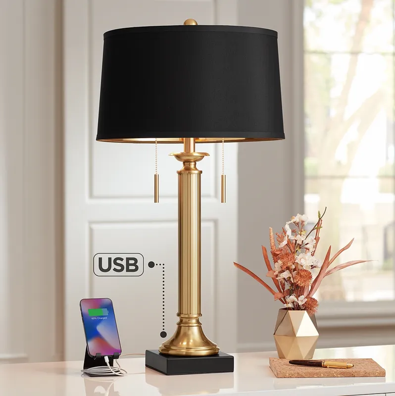 Possini Euro Wynne Warm Gold and Black 2-Light Desk Lamp with Dual USB Port