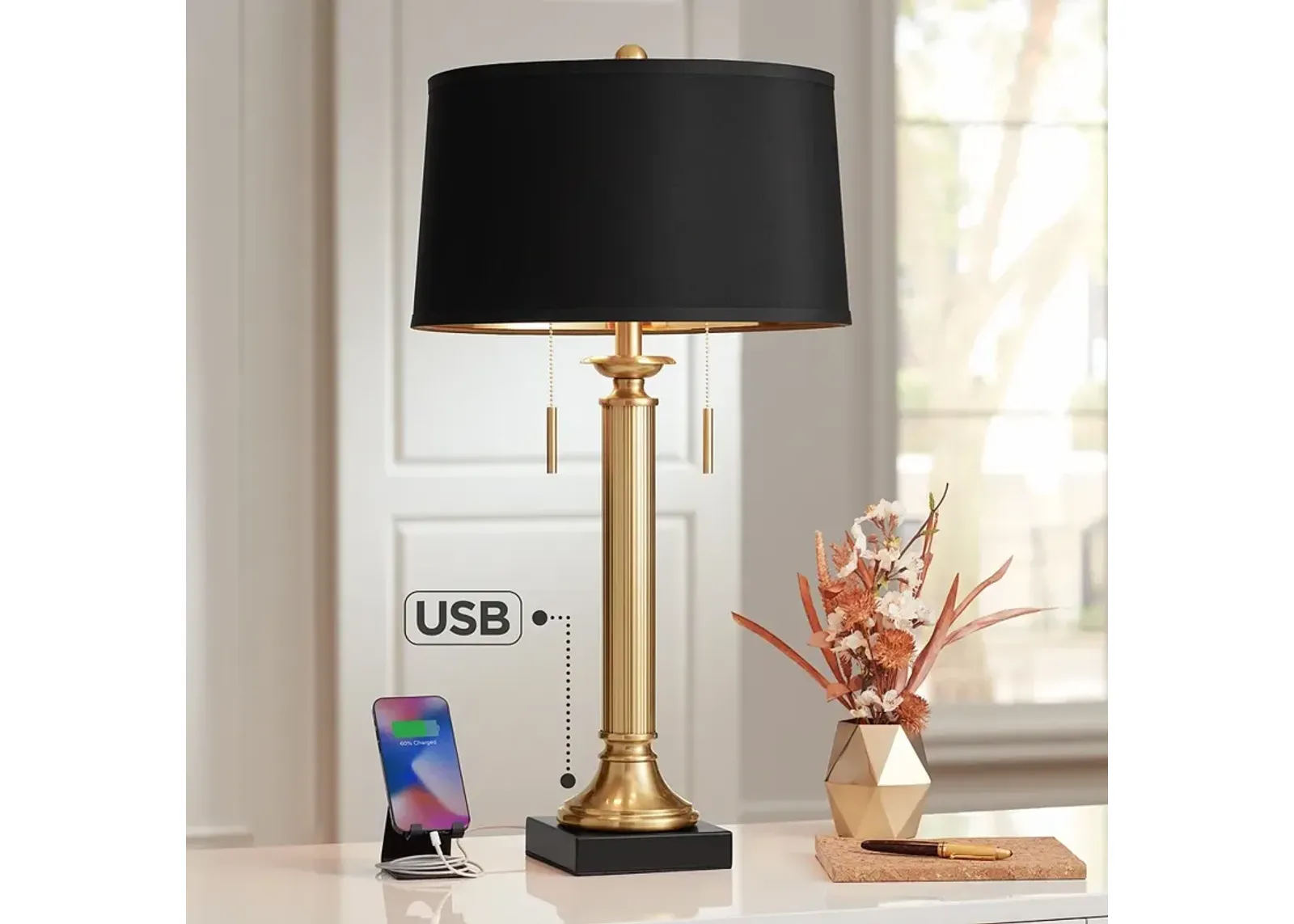 Possini Euro Wynne 30" Gold and Black 2-Light Lamp with Dual USB Ports