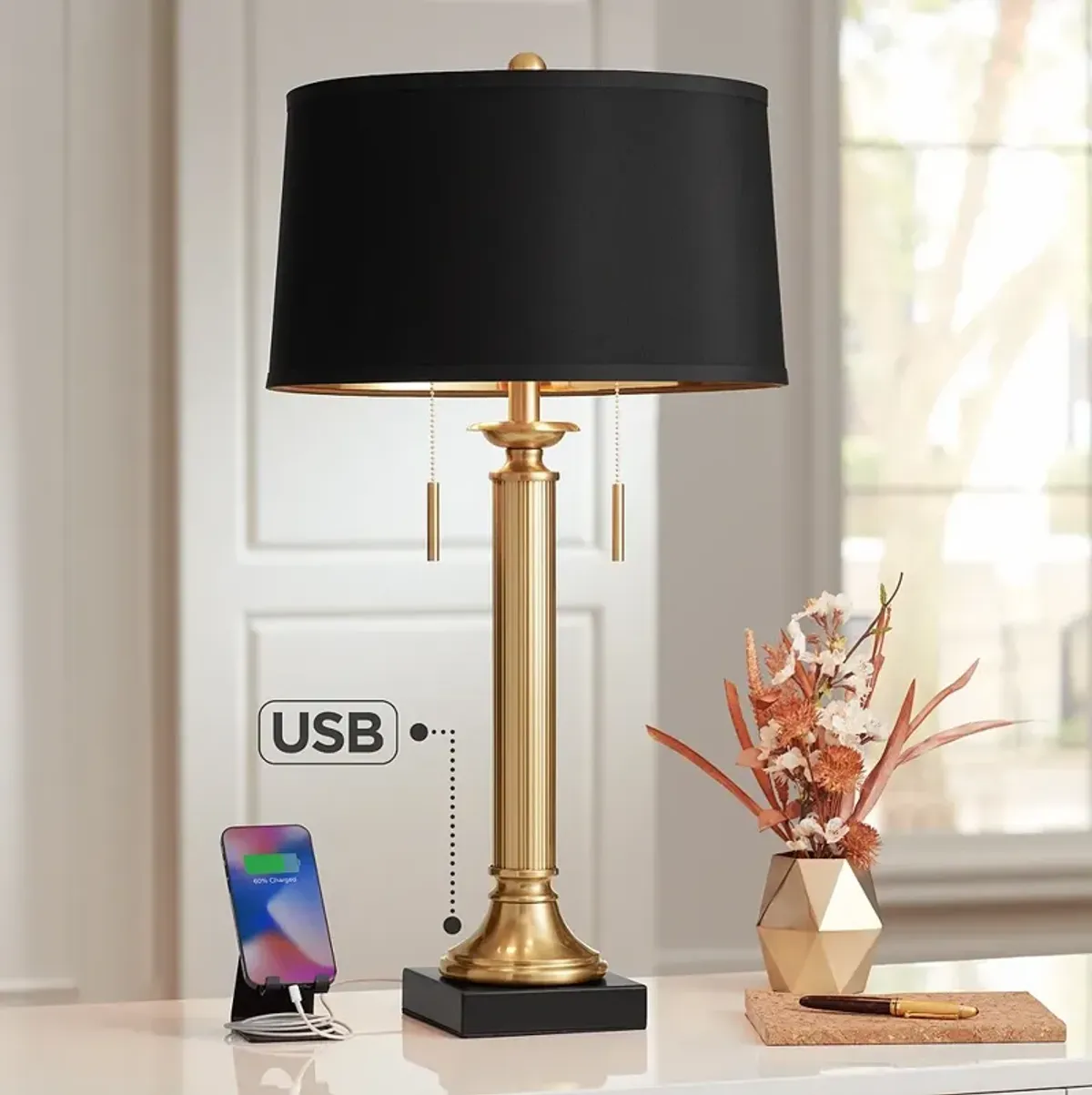 Possini Euro Wynne 30" Gold and Black 2-Light Lamp with Dual USB Ports