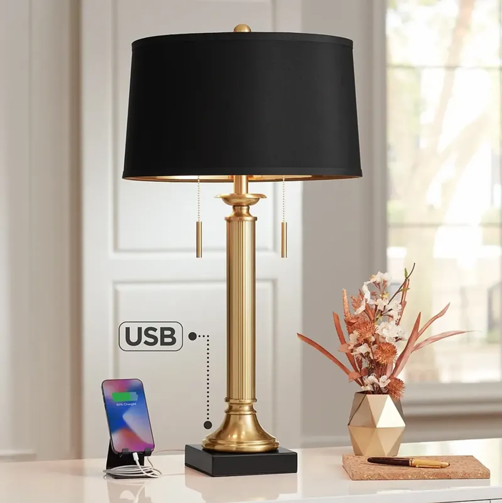 Possini Euro Wynne 30" Gold and Black 2-Light Lamp with Dual USB Ports