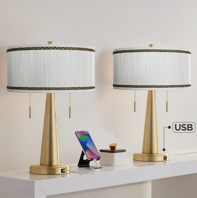 Faux Pleated Giclee Print Vicki Gold USB Table Lamps Set of 2