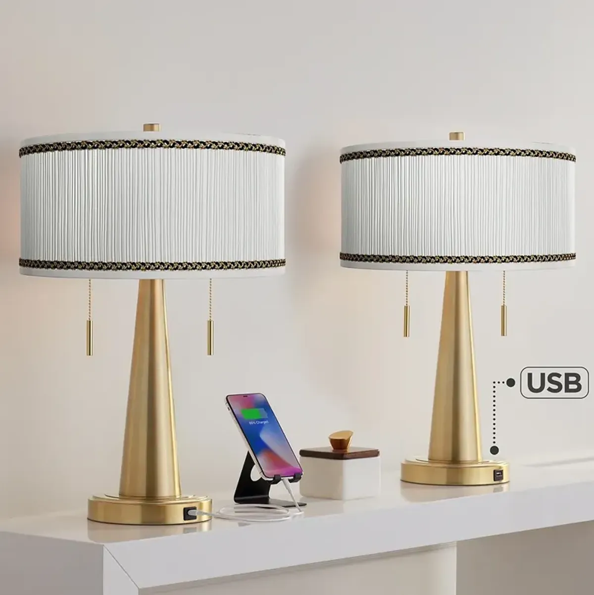 Faux Pleated Giclee Print Vicki Gold USB Table Lamps Set of 2