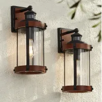 Stan 15 1/2"H Wood and Black Motion Sensor Outdoor Wall Light Set of 2