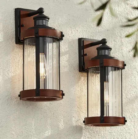 Stan 15 1/2"H Wood and Black Motion Sensor Outdoor Wall Light Set of 2