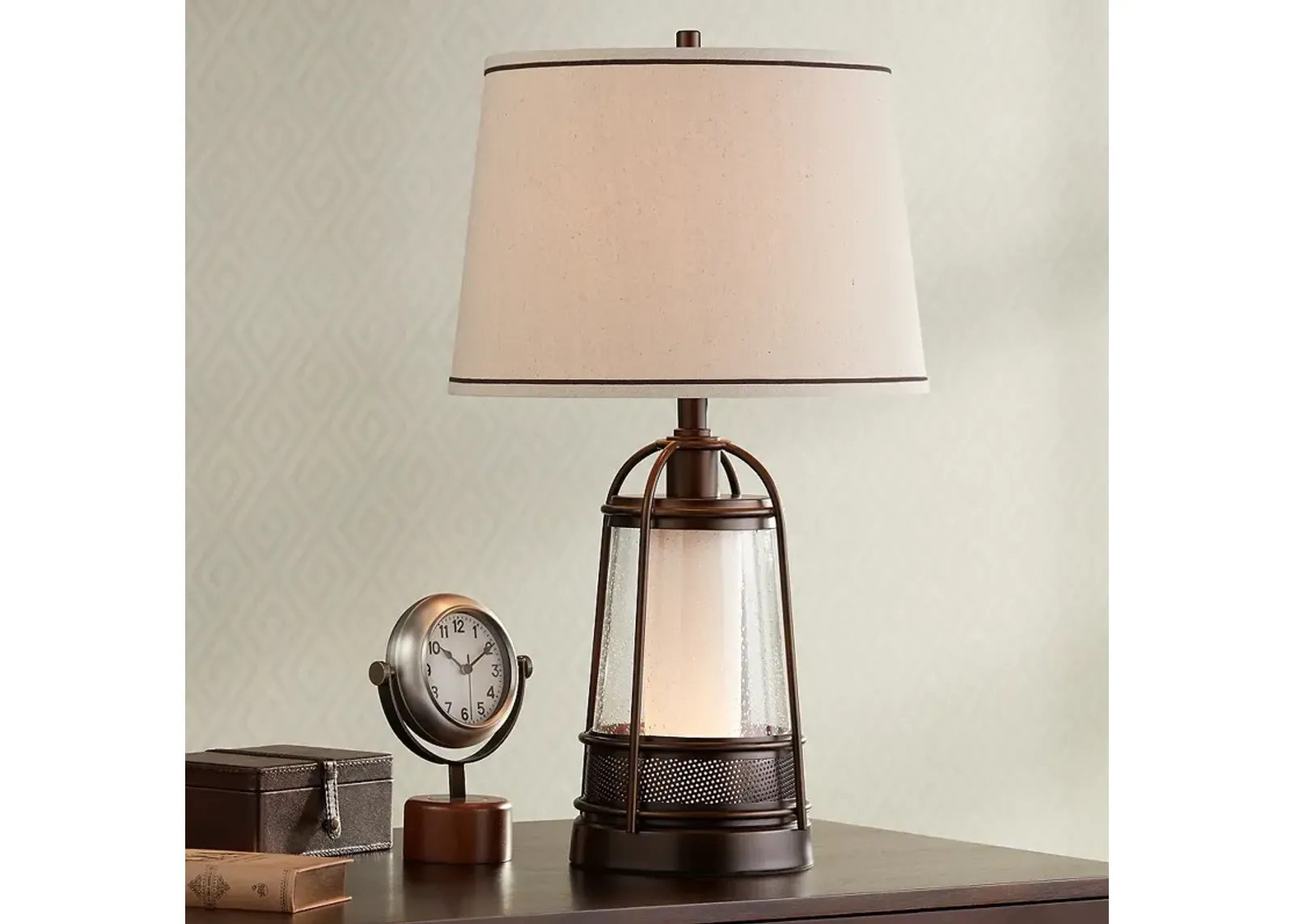 Franklin Iron Hugh 26" High Bronze Lantern Table Lamp with Night Light