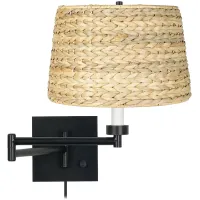 Franklin Iron Works Woven Seagrass Espresso Plug-In Swing Arm Wall Lamp