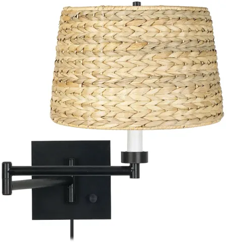 Franklin Iron Works Woven Seagrass Espresso Plug-In Swing Arm Wall Lamp