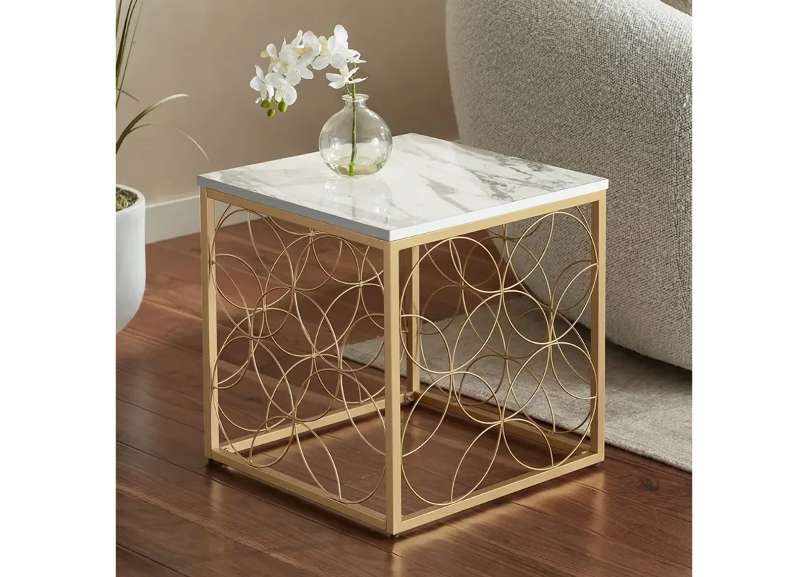 Karin 17" Wide Faux Marble and Gold Side Table