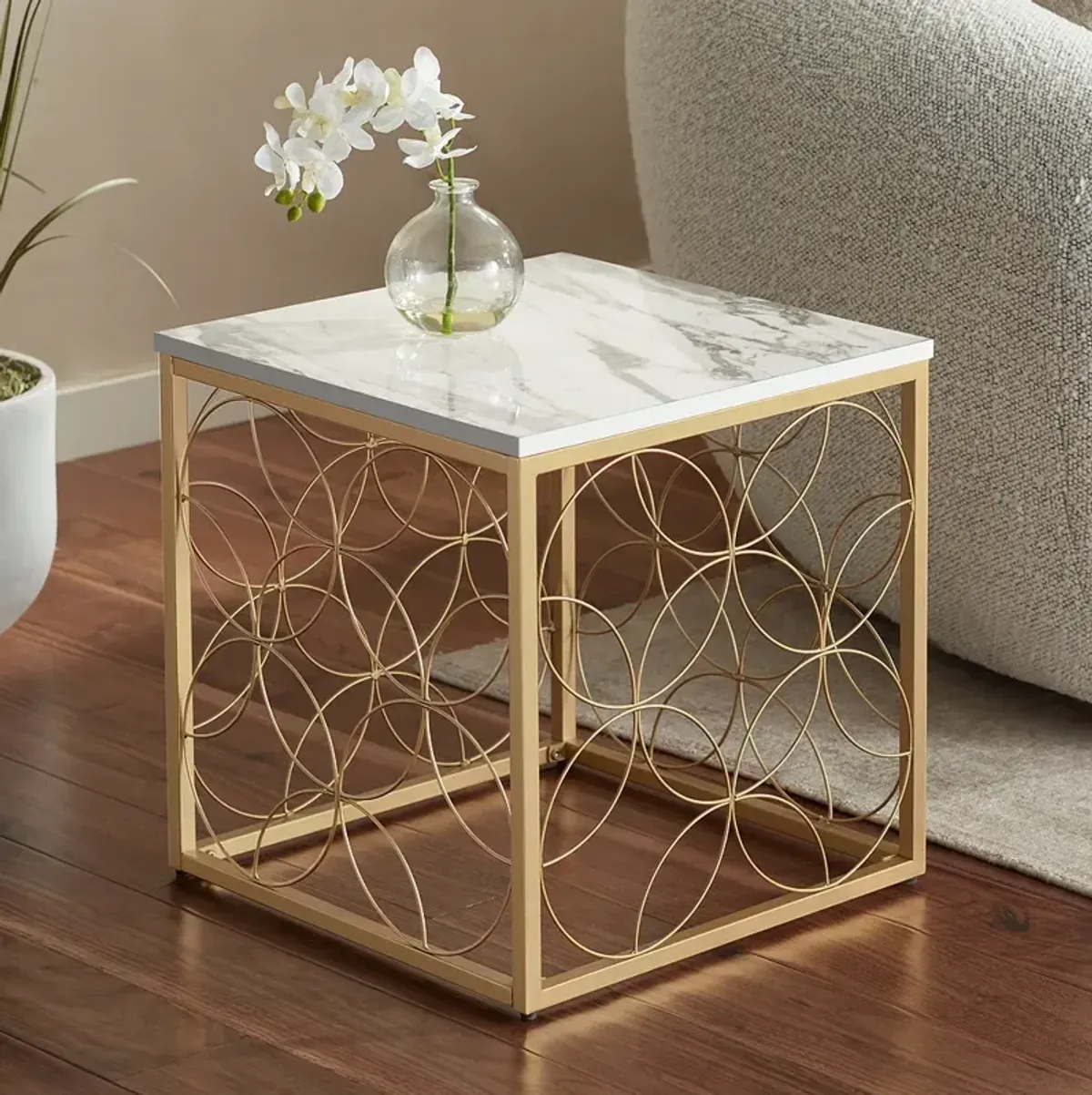 Karin 17" Wide Faux Marble and Gold Side Table