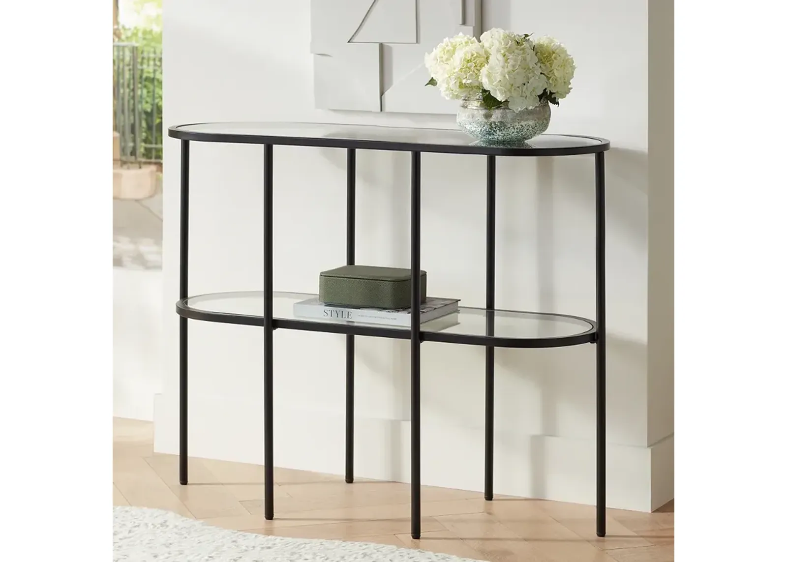 Remy 40" Wide Sandy Black Oval Glass Console Table