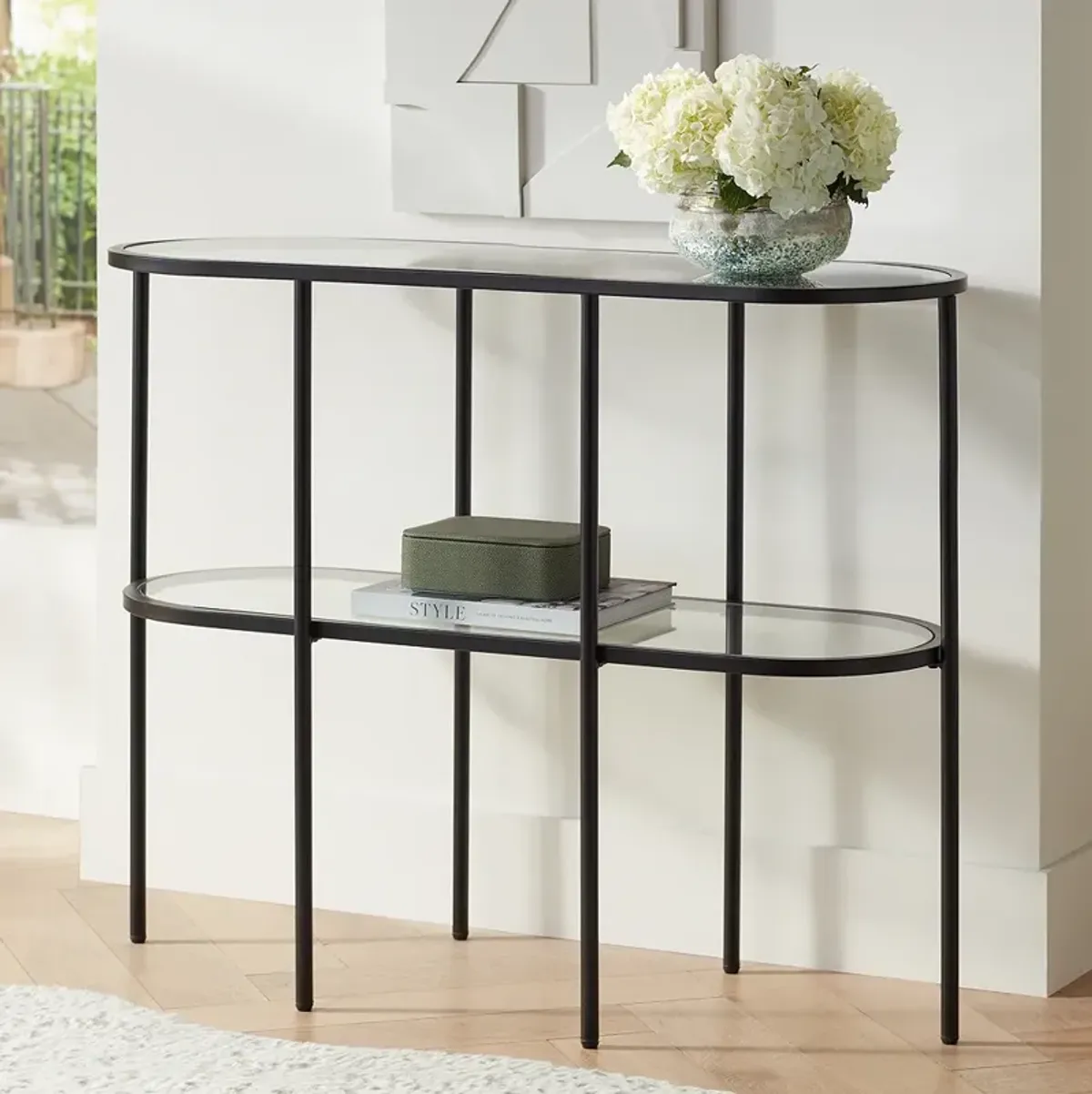 Remy 40" Wide Sandy Black Oval Glass Console Table