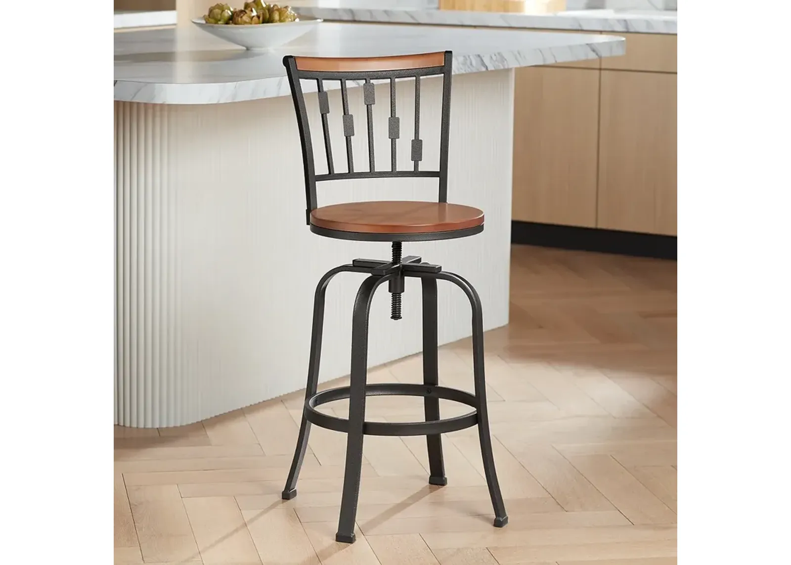 Rookery Hammered Bronze and Wood Adjustable Swivel Bar Stool