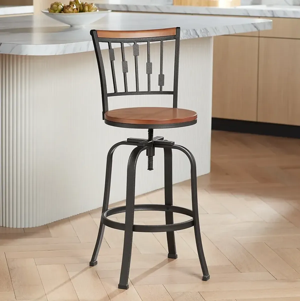 Rookery Hammered Bronze and Wood Adjustable Swivel Bar Stool