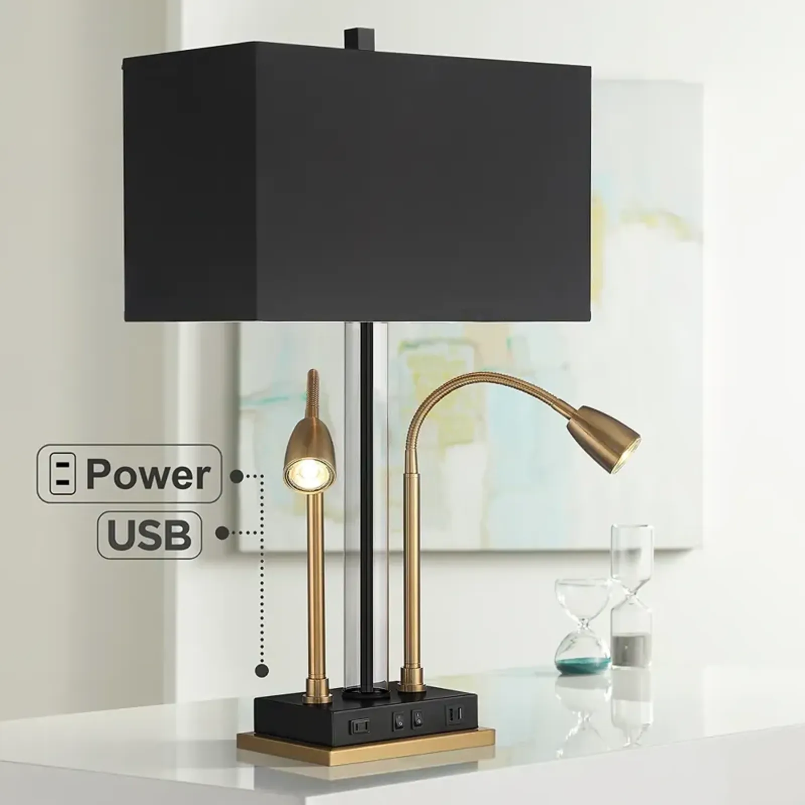 Possini Euro Griffin Modern Lamp with Gooseneck Lights USB Ports and Outlet