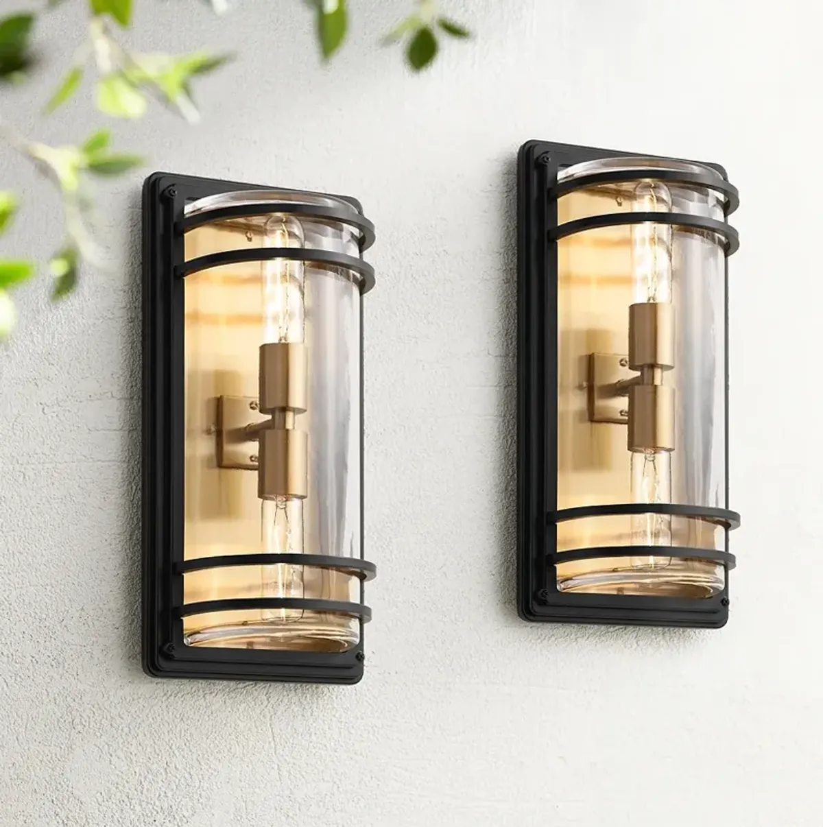 Habitat 16" High Black and Warm Brass 2-Light Wall Sconce Set of 2