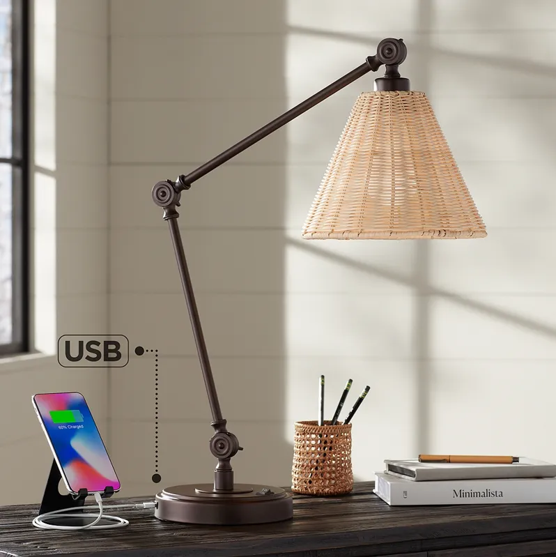 Barnes and Ivy Rowlett Rattan Shade Adjustable Arm Desk Lamp with USB Port