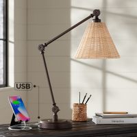 Rowlett Rattan Shade Adjustable Arm Desk Lamp with USB Port