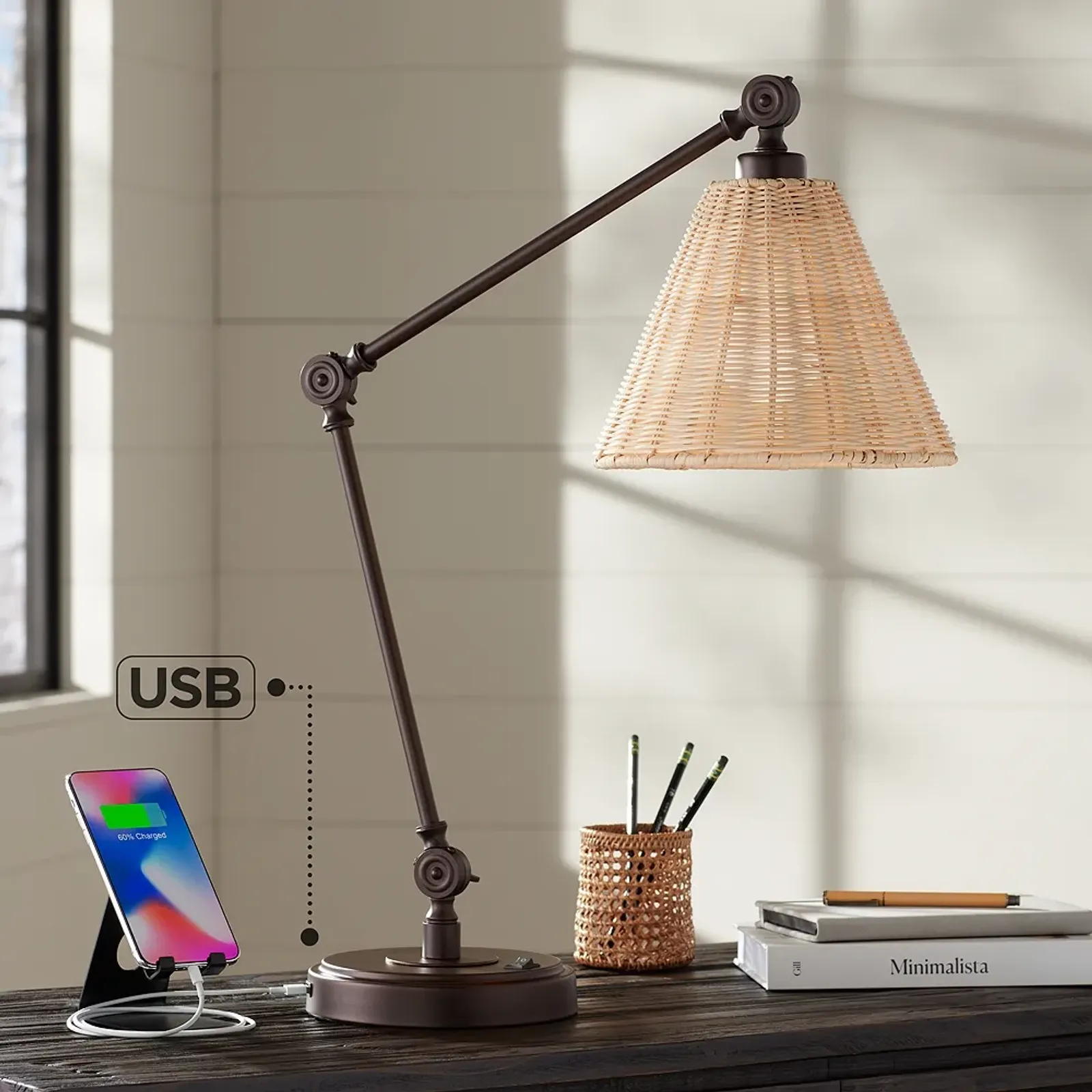 Barnes and Ivy Rowlett Rattan Shade Adjustable Arm Desk Lamp with USB Port