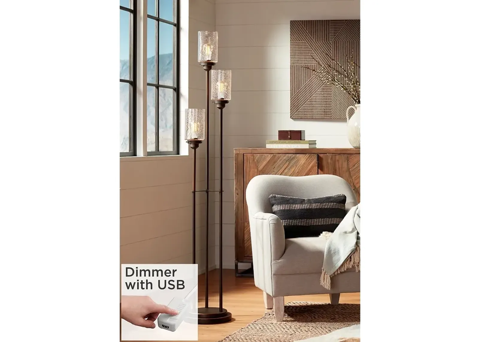 Libby Bronze and Seeded Glass 3-Light Tree Floor Lamp with USB Dimmer