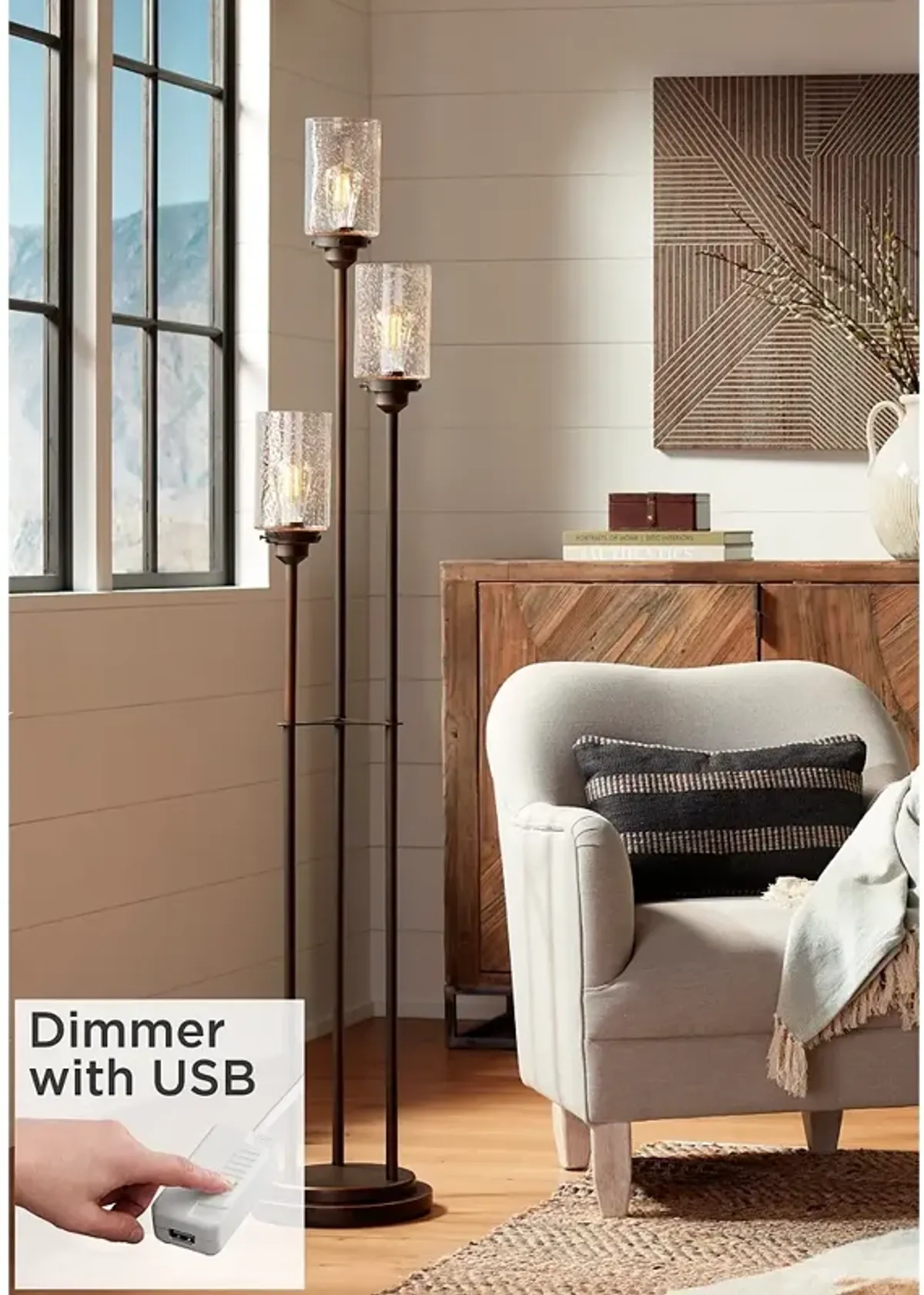 Libby Bronze and Seeded Glass 3-Light Tree Floor Lamp with USB Dimmer