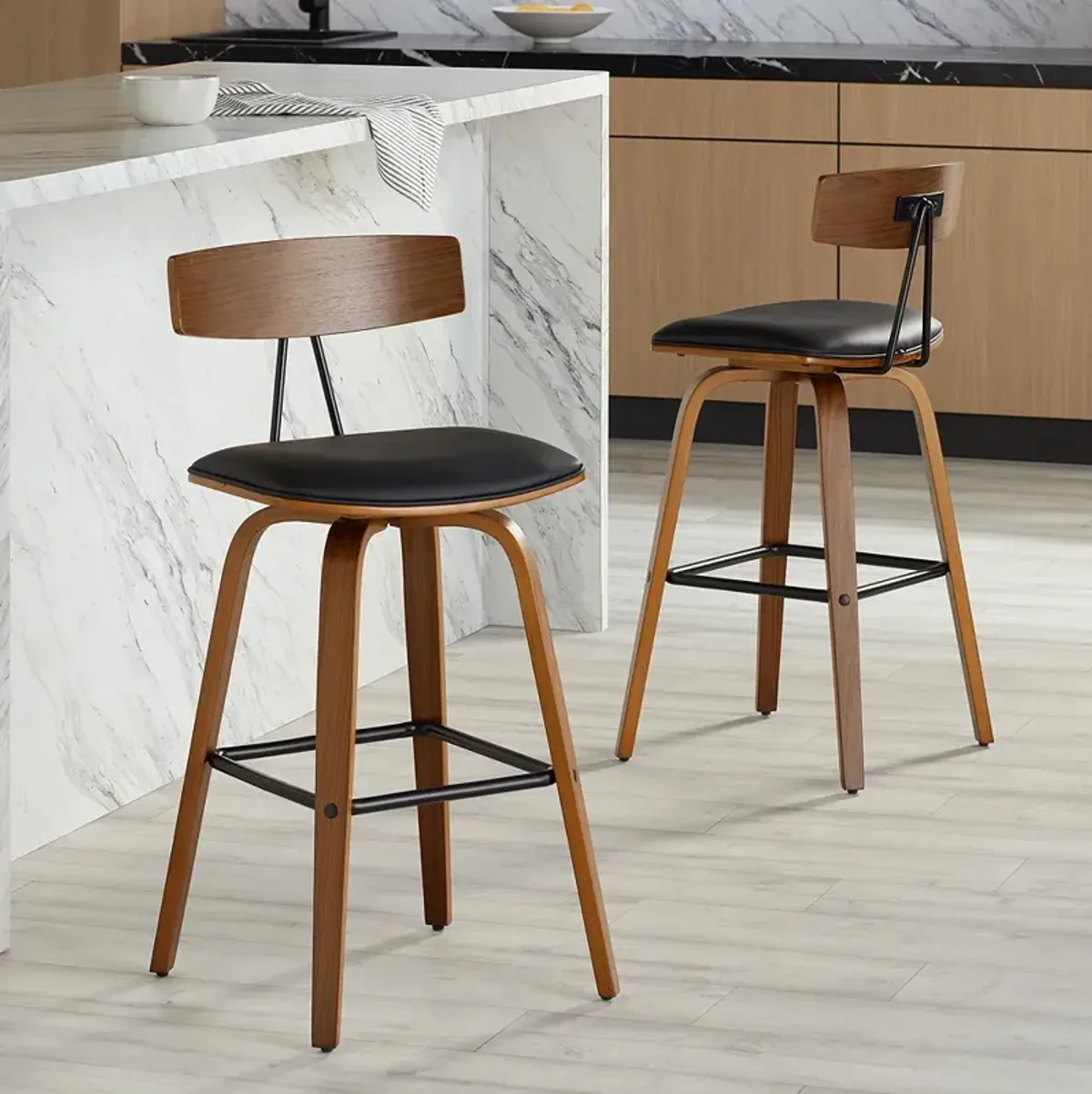 Westwood 28" High Black Faux Leather and Walnut Counter Stool Set of 2