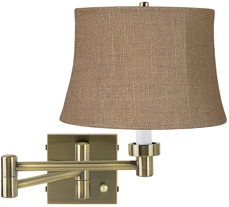 Natural Burlap Antique Brass Plug-In Swing Arm Wall Light