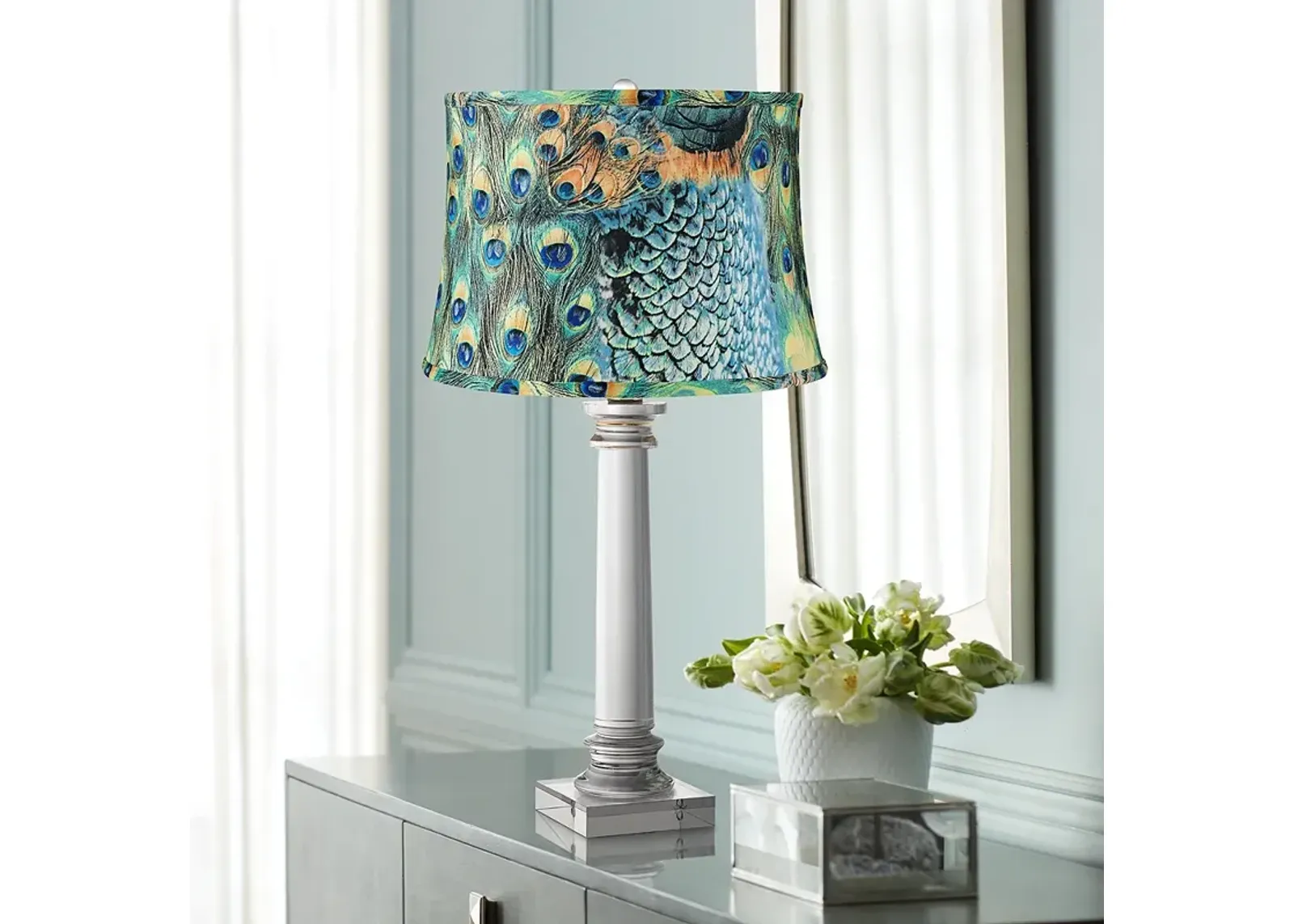 Peacock Print Modern Crystal Column Table Lamp